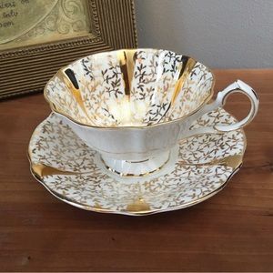 Queen Anne Tea cup and Saucer Set Gold Chintz #5693